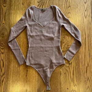 Nuuds Women's Long Sleeve Sweatheart Sweater Ribbed Bodysuit - Chocolate